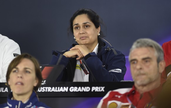 Sauber team principal Monisha Kaltenborn, center, listens to questions during a press conference of team principals ahead of the Australian Formula One Grand Prix at Albert Park in Melbourne, Australi ...