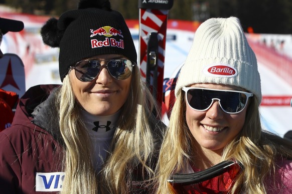 FILE - United States&#039; Lindsey Vonn, left, and Mikaela Shiffrin pose for a photo after an alpine ski, women&#039;s World Cup super-G, in Cortina d&#039;Ampezzo, Italy, Sunday, Jan. 29, 2017. Mikae ...