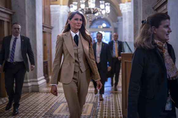 First lady Melania Trump arrives at the Capitol in Washington, to lend her support to an online safety bill, Monday, March 3, 2025. (AP Photo/J. Scott Applewhite)
Melania Trump