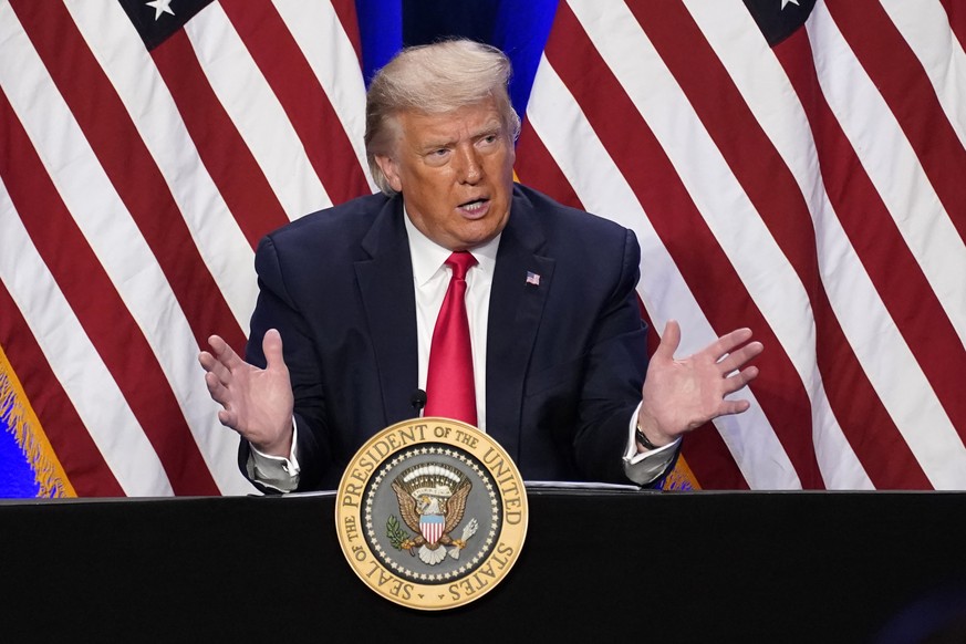 President Donald Trump speaks during a Latinos for Trump event at Trump National Doral Miami resort, Friday, Sept. 25, 2020, in Doral, Fla. (AP Photo/Evan Vucci)
Donald Trump