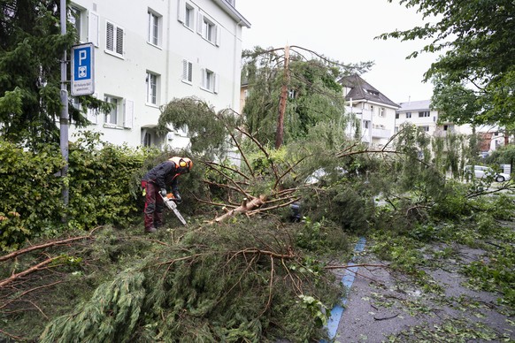 Umgestuerzte Baeume und abgebrochene Aeste behindern nach dem schweren Unwetter in Zuerich am Dienstag, 13. Juli 2021, den Verkehr und das Durchkommen fuer Fuessgaenger und verursachen zahlreiche Scha ...