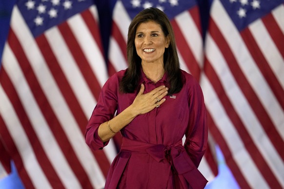 FILE - Republican presidential candidate former UN Ambassador Nikki Haley gestures to the audience as she concludes a speech at a caucus night party in West Des Moines, Iowa, Jan. 15, 2024. Haley has  ...