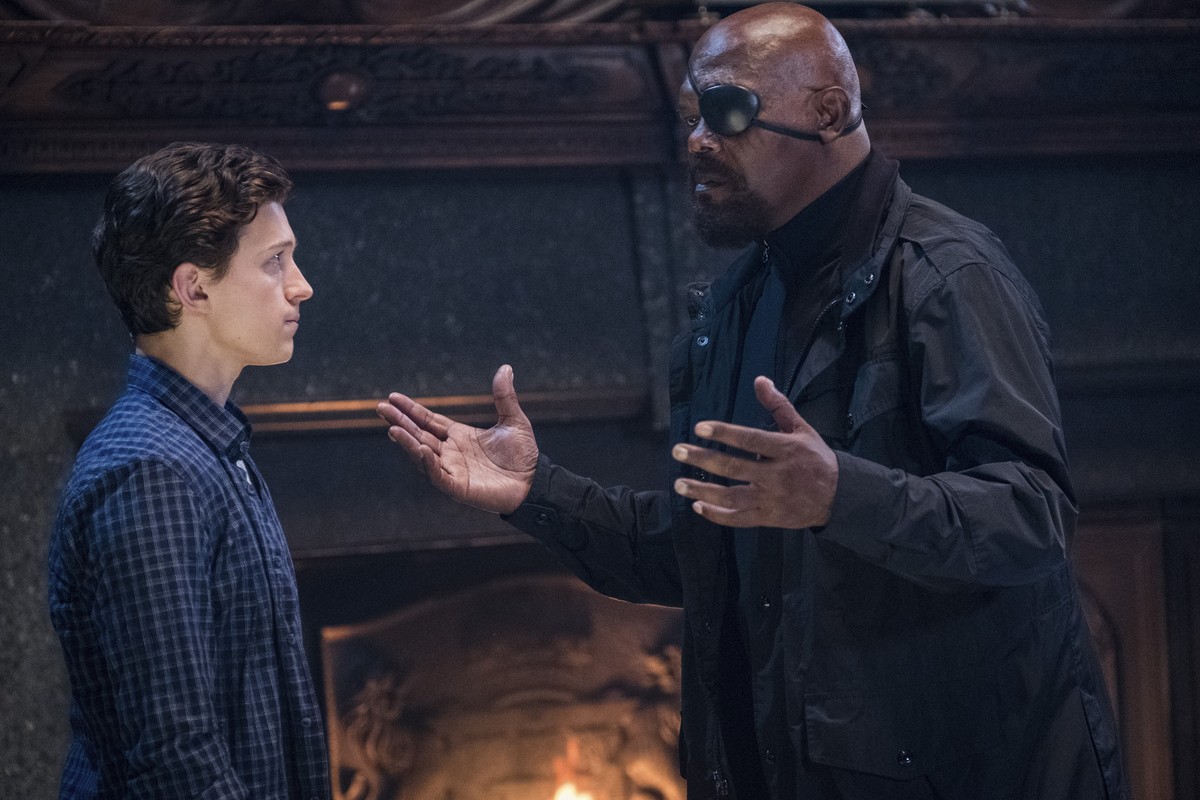 This image released by Sony Pictures shows Tom Holland, left, and Samuel L. Jackson in a scene from "Spider-Man: Far From Home." (Jay Maidment/Columbia Pictures/Sony via AP)
Tom Holland (Fin ...