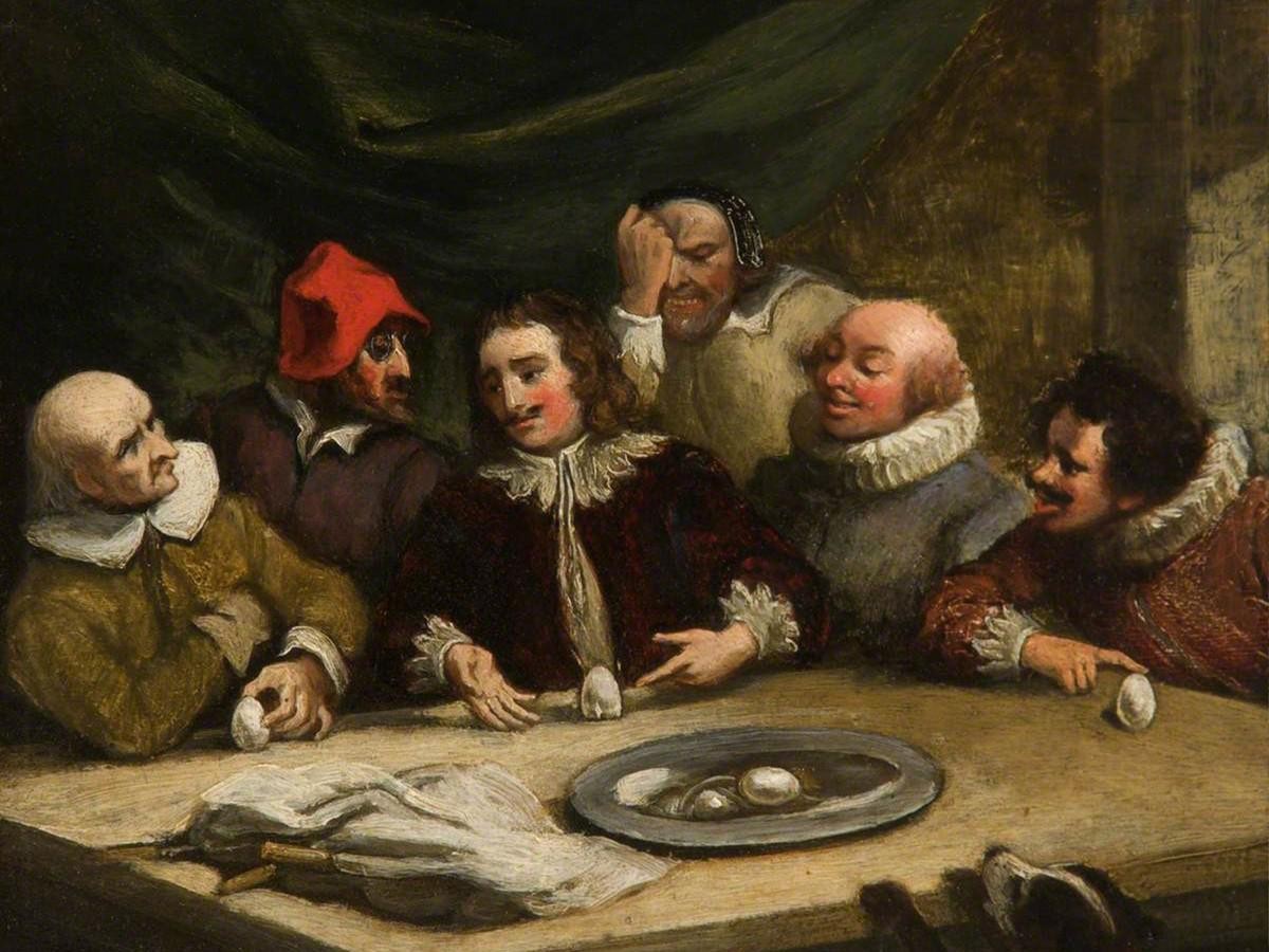 «Columbus Breaking the Egg» von Thomas Robson (1798-1871) nach einer Radierung von William Hogarth (1697-1764), London 1752. Kolumbus ist von seinen – karikaturesk dargestellten – Kritikern umgeben, d ...