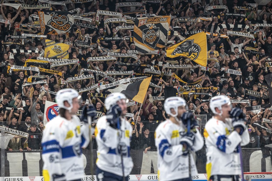 Lugano&#039;s fans celebrate the victory at the end of the preliminary round game of National League Swiss ice hockey Championship 2022/23 between the HC Lugano and HC Ambri-Piotta at the Corner Arena ...