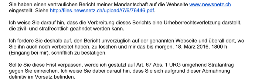 Email von Anwalt Andreas Meili an Dominik Feusi.