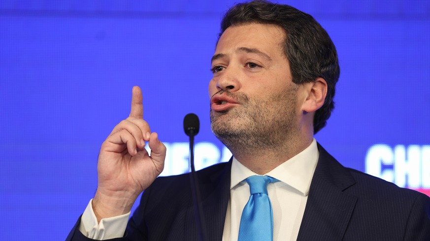 epa11212952 The president of the right-wing Party Chega Andre Ventura holds a press conference during the election night of the legislative elections 2024 at Party headquarters, in Lisbon, Portugal, 1 ...