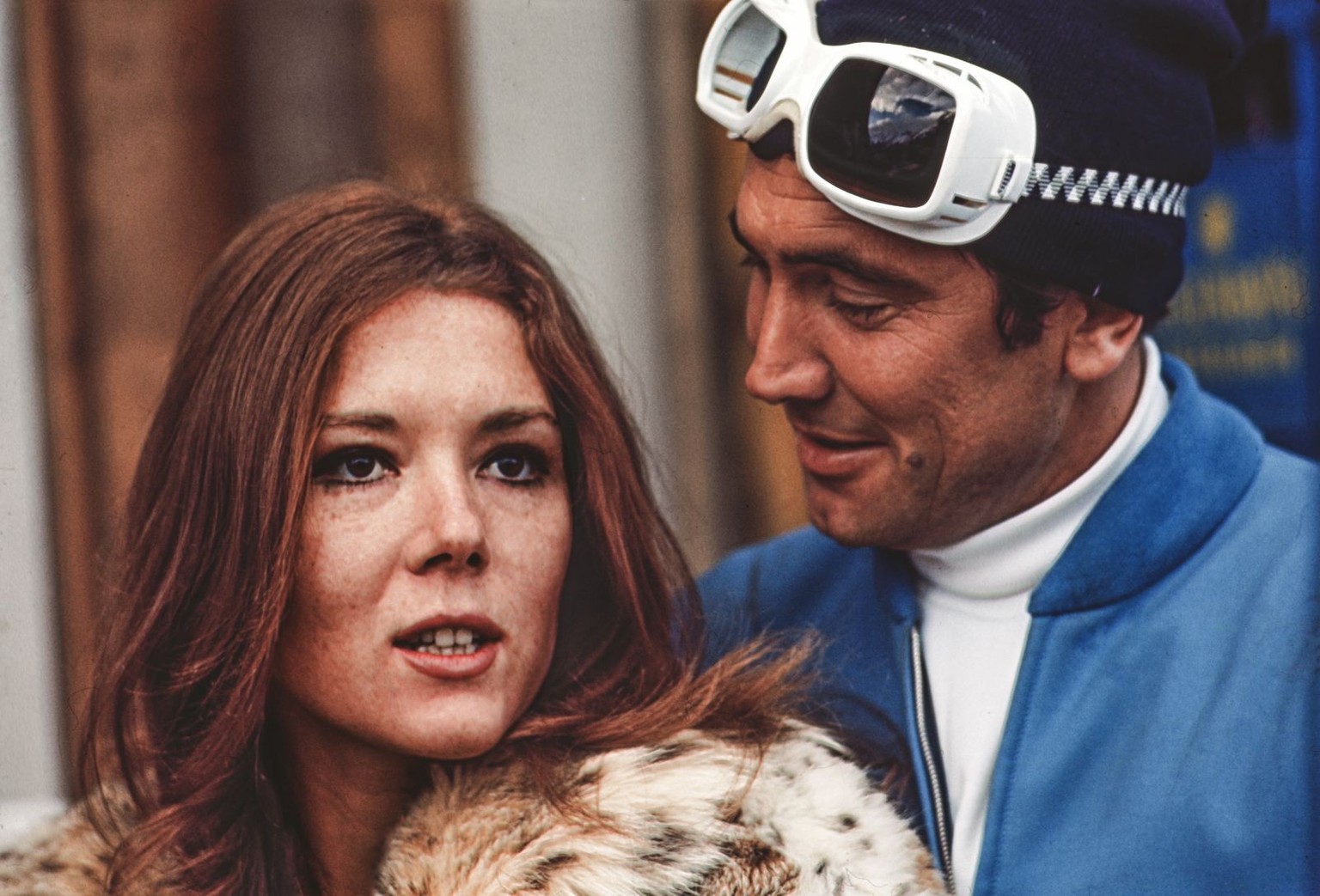 For the final January 1969 issue of &quot;Schweizer Illustrierte,&quot; Werner Pfändler photographs a romantic carriage ride 
through Mürren featuring Bond and Tracy. Rigg wears casual clothing for th ...