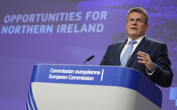 European Commissioner for Inter-institutional Relations and Foresight Maros Sefcovic speaks during a media conference regarding trade and Northern Ireland at EU headquarters in Brussels, Wednesday, Oc ...