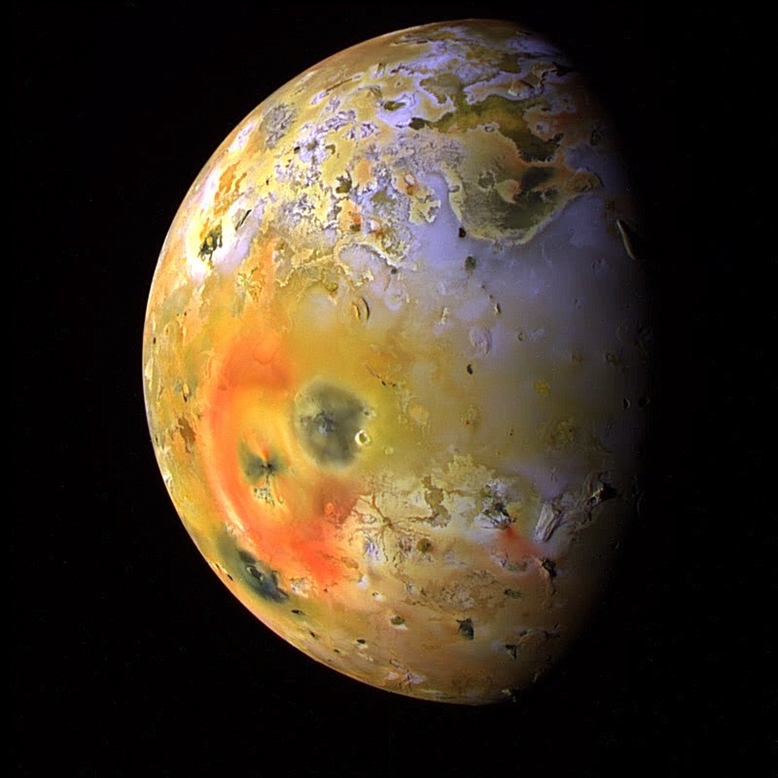 This global view of Jupiter's moon, Io, was obtained during the tenth orbit of Jupiter by NASA's Galileo spacecraft on 19 September 1997 at a range of more than 500,000 km (310,000 miles). I ...