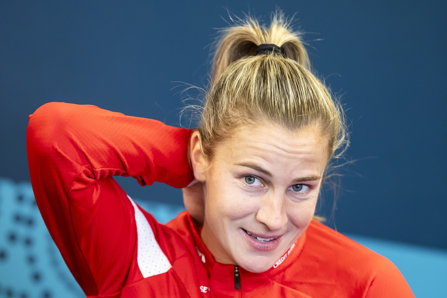 Switzerland&#039;s Ana Maria Crnogorcevic gestures as she speaks to media during a news conference on the training ground Tahuna Park in Dunedin, New Zealand on Thursday August 3, 2023. (KEYSTONE/Mich ...