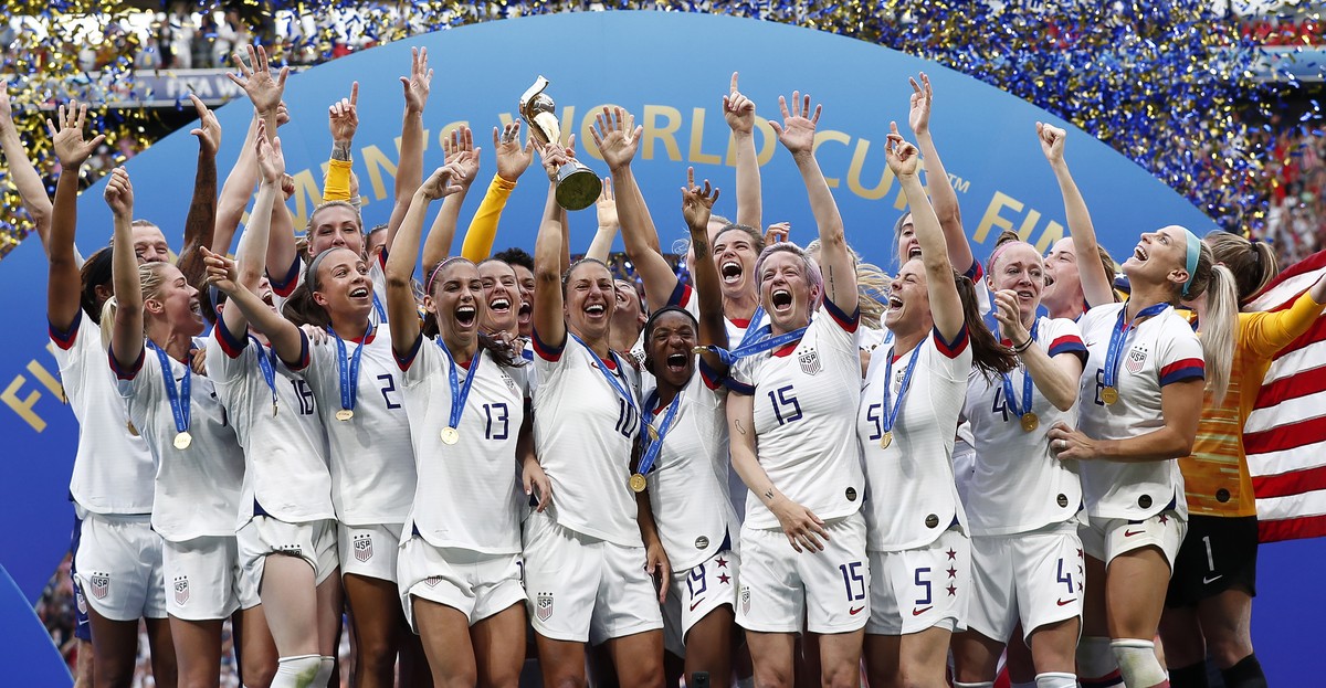 epa07701905 The USA team celebrate after winning the FIFA Women's World Cup 2019 final soccer match between USA and Netherlands in Lyon, France, 07 July 2019. EPA/IAN LANGSDON