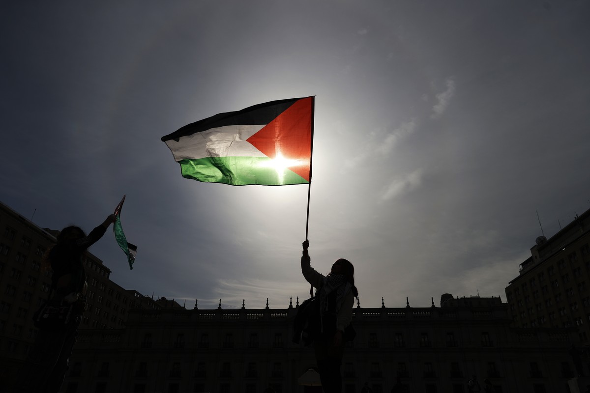 epaselect epa12176181 People participate in a demonstration for Palestine, demanding that the Chilean government sever ties with Israel and take a stand on the situation in Gaza, in front of La Moneda ...