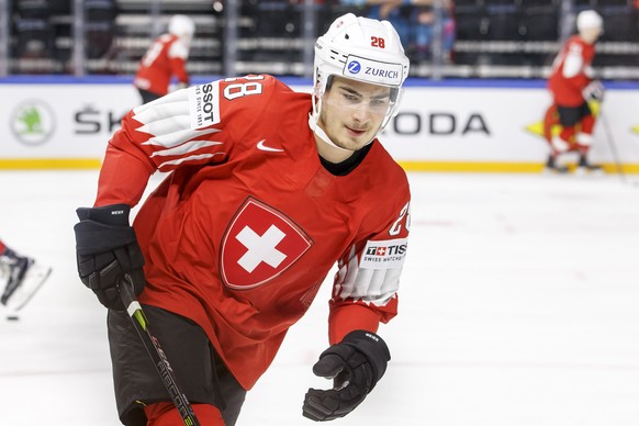 Switzerland&#039;s forward Timo Meier before the IIHF 2018 World Championship preliminary round game between Switzerland and Belarus, at the Royal Arena, in Copenhagen, Denmark, Wednesday, May 9, 2018 ...