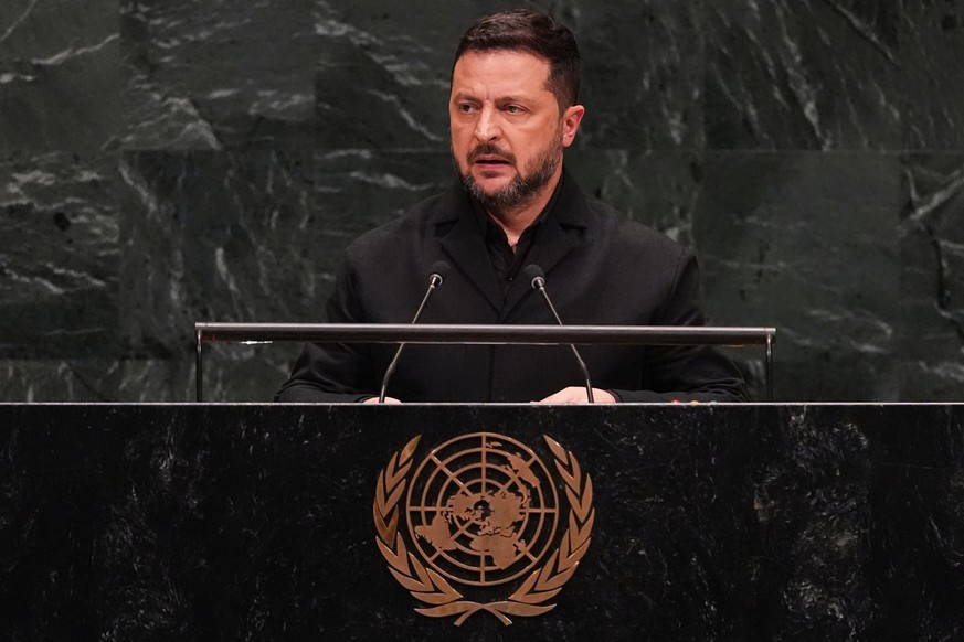 Ukraine's President Volodymyr Zelenskyy speaks during the 81st session of the United Nations General Assembly at United Nations headquarters, Wednesday, Sept. 23, 2026. (AP Photo/Heather Khalifa) ...