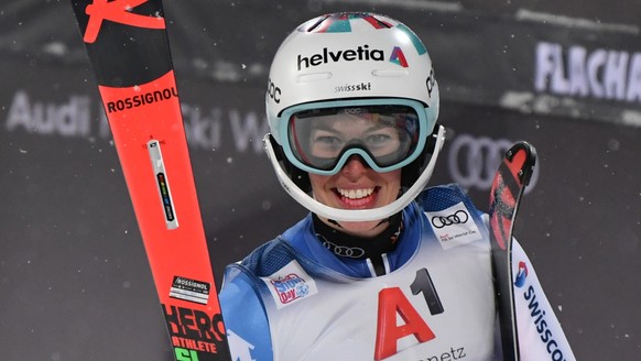 epa08933663 Michelle Gisin of Switzerland reacts in the finish area after the second run of the Women&#039;s Slalom night race at the FIS Alpine Skiing World Cup in Flachau, Austria, 12 January 2021.  ...