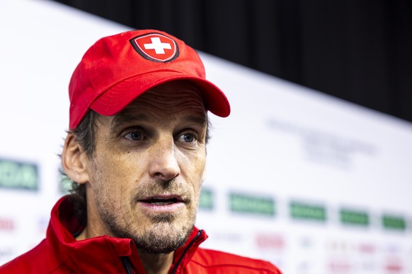 Patrick Fischer, head coach of Switzerland national ice hockey team, speaks with media in the mixed zone of the Jyske Bank Boxen after a Switzerland team training session, at the IIHF 2025 World Champ ...