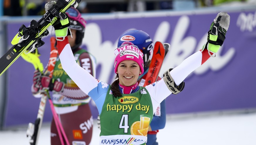 Switzerland&#039;s Wendy Holdener celebrates after completing an alpine ski, women&#039;s World Cup slalom in Kranjska Gora, Slovenia, Sunday Jan. 7, 2018. (AP Photo/Marco Trovati)