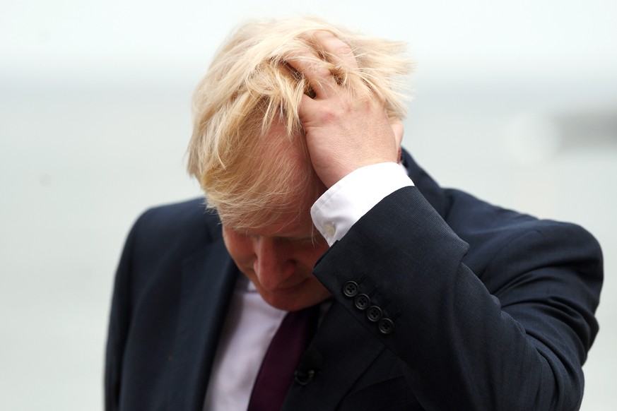 epa07823061 (FILE) - Britain's Prime Minister Boris Johnson reacts during a TV interview ahead of bilateral meetings as part of the G7 summit in Biarritz, France, 25 August 2019 (reissued 06 September ...