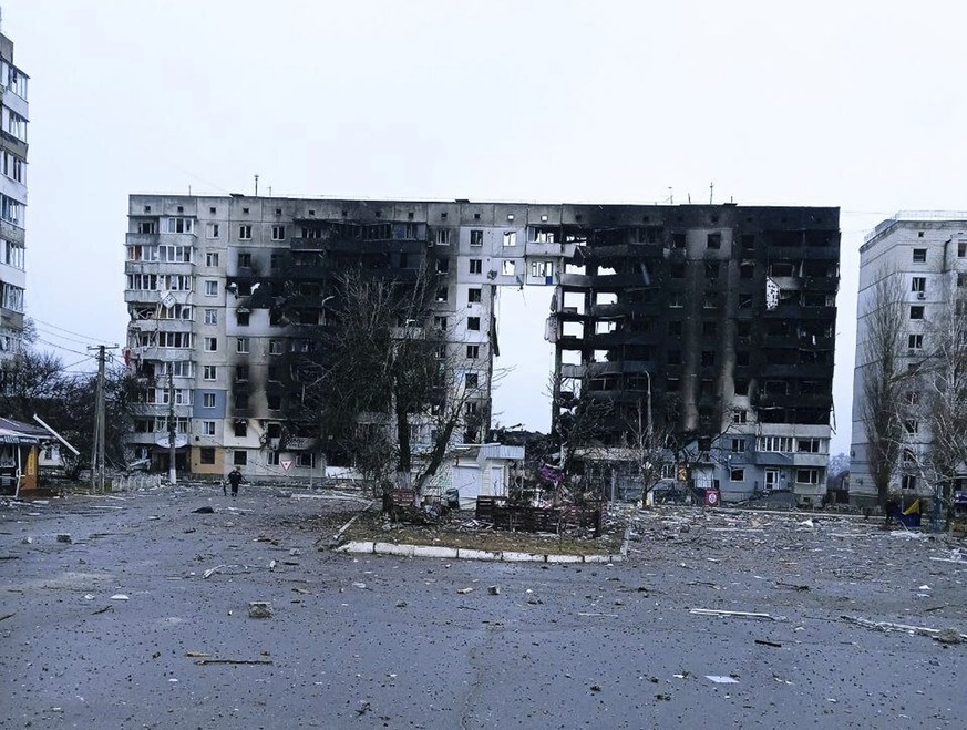 A view of heavy damage in the residential area of Borodyanka, on the outskirts of Kyiv, Ukraine, Thursday, March 3, 2022, following a Russian strike. (Twitter/StahivUA via AP)