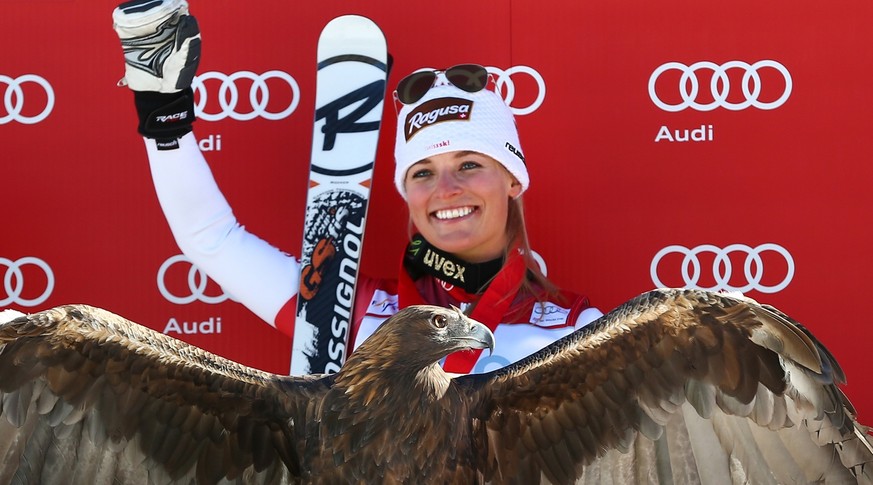 2013: Lara Gut nach ihrem Weltcupsieg im Super-G mit dem Namensgeber der WM-Piste.