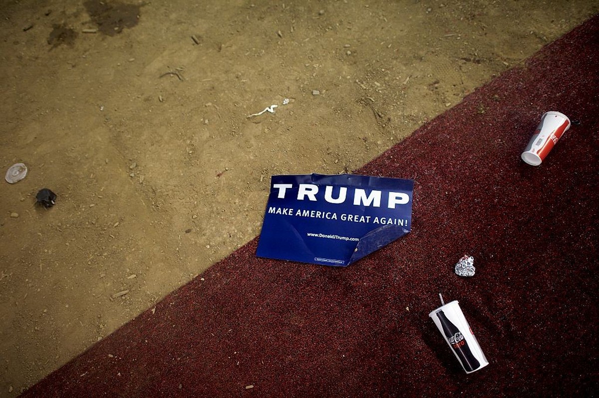 HARRISBURG, PA - APRIL 21: Donald Trump campaign yard signs and trash remain following a rally with the Republican presidential candidate at the Pennsylvania Farm Show Complex &amp; Expo Center on Apr ...
