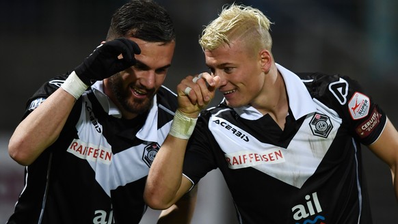 Lugano&#039;s player Ezgian Alioski, right, and Lugano&#039;s player Armando Sadiku, left, celebrate 2-1 goal during the Super League soccer match FC Lugano against FC Lausanne, at the Cornaredo stadi ...