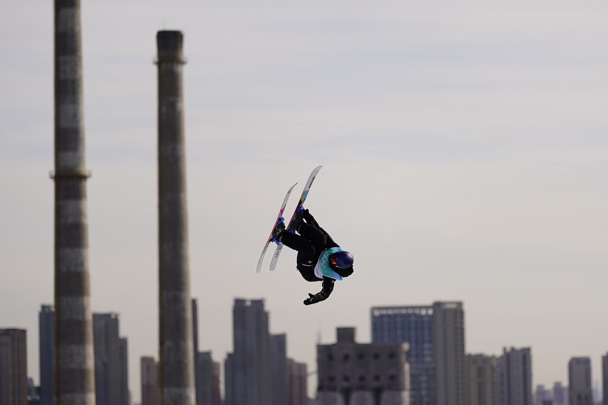 Mathilde Gremaud, of Switzerland, competes during the women's freestyle skiing Big Air qualification round of the 2022 Winter Olympics, Monday, Feb. 7, 2022, in Beijing. (AP Photo/Matt Slocum)