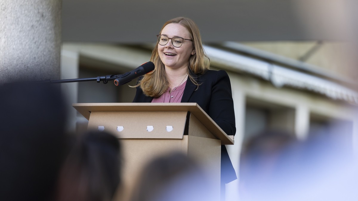 Valerie Dittli, conseillere d'Etat, parle lors de la presentation du projet laureat pour le nouveau centre d'essais et de recherches agricoles de Grange-Verney ce lundi 31 aout 2026 a Moudon ...