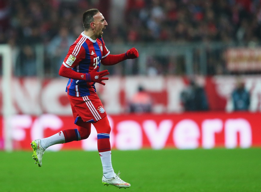 MUNICH, GERMANY - FEBRUARY 27: Franck RibÃ©ry of Muenchen celebrates scoring his team&#039;s second goal during the Bundesliga match between FC Bayern Muenchen and 1. FC Koeln at Allianz Arena on Febr ...