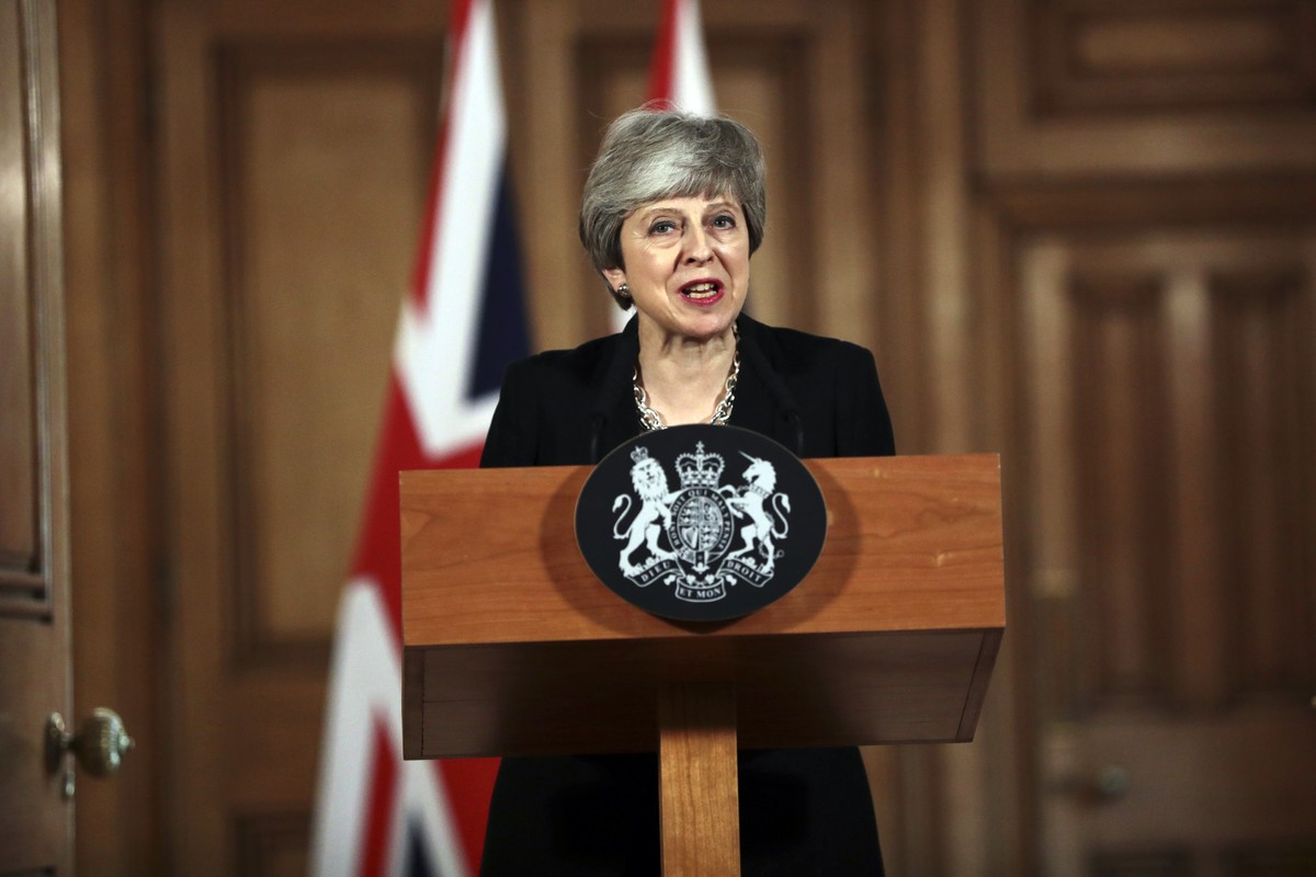 Britain's Prime Minister Theresa May gives a press conference outside Downing Street, in London, Tuesday, April 2, 2019. May said Tuesday that she will seek to further delay Britain's exit f ...