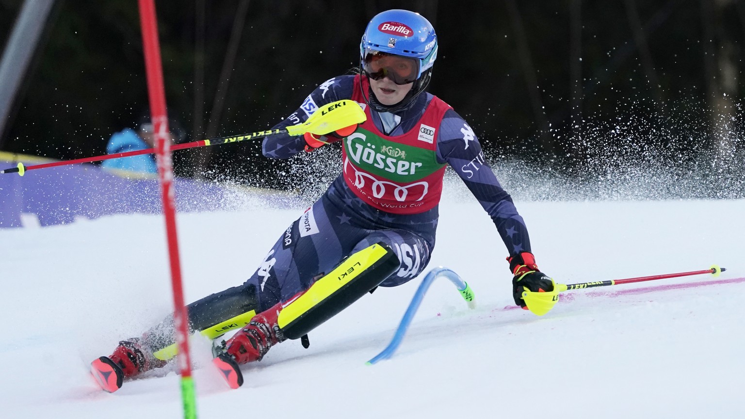 United States&#039; Mikaela Shiffrin competes during the first run of an alpine ski, World Cup women&#039;s slalom in Semmering, Austria, Thursday, Dec. 29, 2022. (AP Photo/Giovanni Auletta)