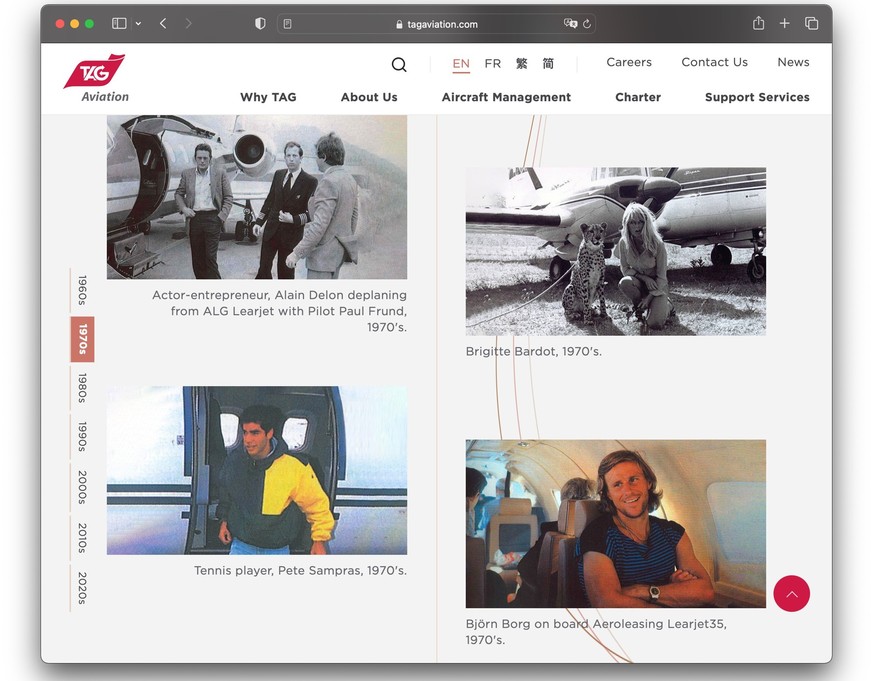 Screenshot der Website des Business-Charter-Flug-Unternehmens TAG Aviation mit Hauptsitz in Genf.