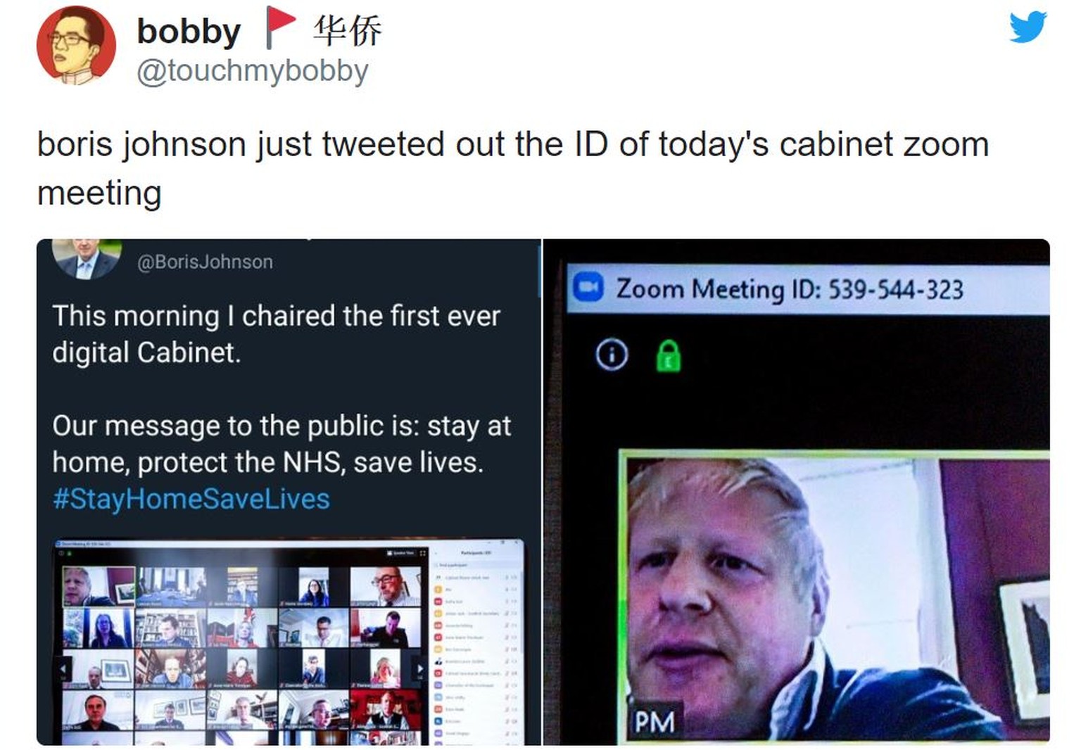 Der britische Premierminister «Boris Johnson hat gerade die Videokonferenz-ID der heutigen Zoom-Kabinettssitzung getwittert».