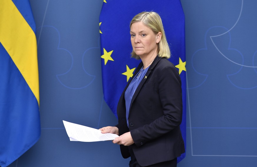 epa08946243 Sweden&#039;s Minister of Finance Magdalena Andersson during a digital press conference in Stockholm, Sweden, 18 January 2021, together with the IMF&#039;s CEO Kristalina Georgieva on the  ...