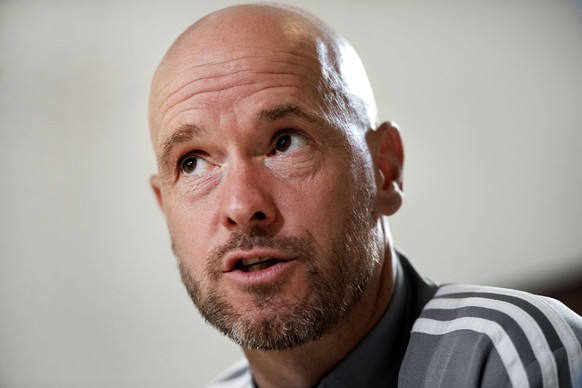 epa07753421 Ajax Amsterdam coach Erik ten Hag during the press conference in Amsterdam, The Netherlands, 02 August 2019, in the run-up to their first Eredivisie match of the season against Vitesse on  ...