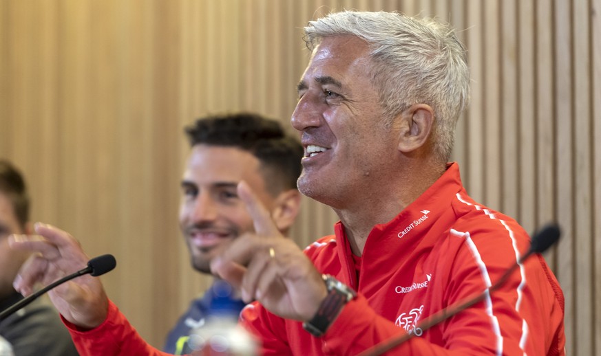 Switzerland's head coach Vladimir Petkovic speaks during a press conference the day before the UEFA Euro 2020 qualifying Group D soccer match between Ireland and Switzerland at the Aviva stadium ...