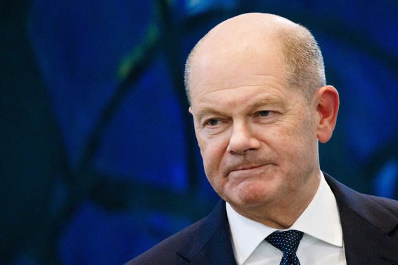 epa11633982 German Chancellor Olaf Scholz looks on as he delivers a speech at the Chancellery in Berlin, Germany, 30 September 2024. German Chancellor Olaf Scholz, Chair of the Executive Board of the  ...