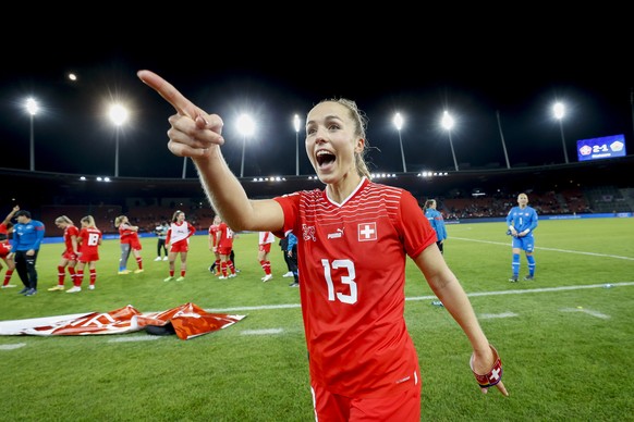 Switzerlands Lia Waelti celebrates after the FIFA Women&#039;s World Cup 2023 qualifying round group G soccer match between the national soccer teams of Switzerland and Wales, at the Letzigrund stadiu ...