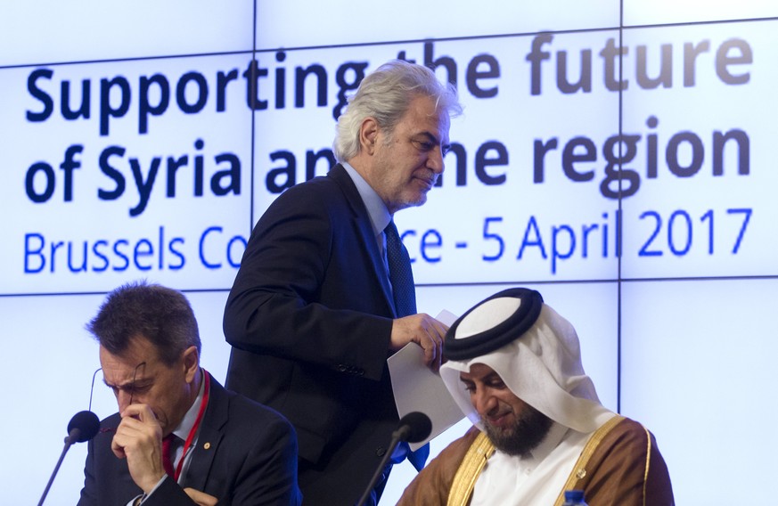 epa05887038 (L-R) Peter Maurer President of the International Committee of the Red Cross , EU commissioner for humanitarian aid and crisis management Christos Stylianides and UN Humanitarian Envoy Ahm ...