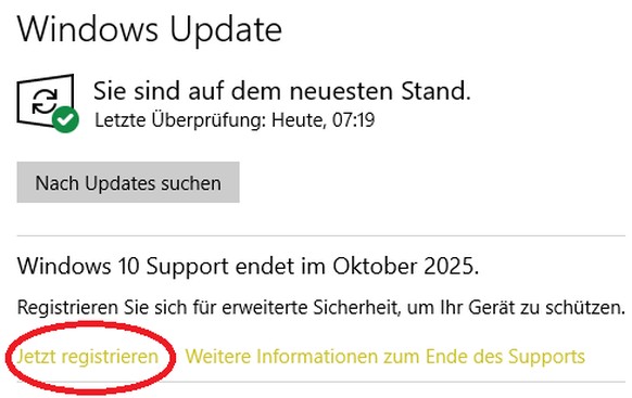 Klicke auf «Jetzt registrieren», um dich für ein weiteres Jahr Sicherheits-Updates zu registrieren.