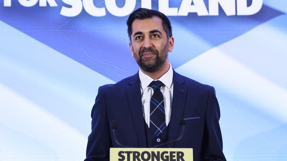 epa10545695 New Scottish National Party leader and former Health Minister Humza Yousaf speaks after being announced at Murrayfield Stadium in Edinburgh, Scotland, UK on March 27, 2023. Th…