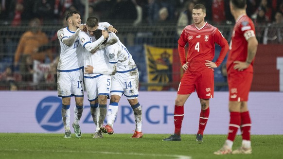 Switzerland&#039;s Nico Elvedi reacts after the 1:1 goal during the UEFA Euro 2024 qualifying group I soccer match between Switzerlandat and Kosovo at the St. Jakob-Park stadium in Basel, Switzerland, ...