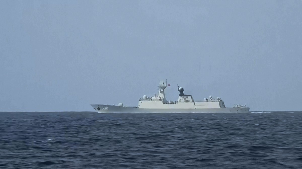 CORRECTS PHOTO SOURCE In this grab from video released by the Taiwan Ministry of National Defence, Chinese navy ship Xuzhou-class sails off the Taiwan coast on Saturday, Aug. 19, 2023. Taiwan deployed ...