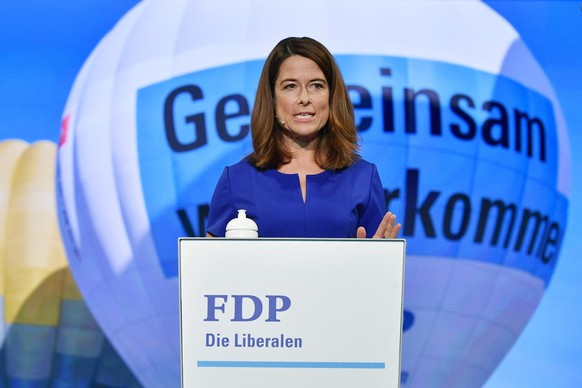 Petra Goessi, Praesidentin der FDP spricht am Tag der FDP in der Schachenhalle in Aarau am Samstag, 31. August 2019. (KEYSTONE/Walter Bieri)