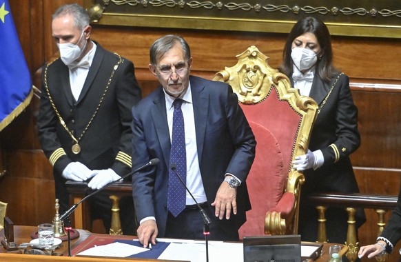 epa10240660 Co-founder of the Brothers of Italy (FdI) party Ignazio La Russa addresses the Italian Senate after he was elected its new President, in Rome, Italy, 13 October 2022. EPA/ALESSANDRO DI MEO