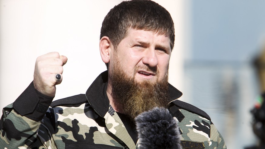 Ramzan Kadyrov, leader of the Russian province of Chechnya gestures speaking to about 10,000 troops in Chechnya&#039;s regional capital of Grozny, Russia, Tuesday, March 29, 2022. (AP Photo)