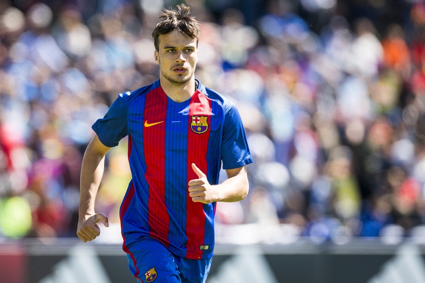 Barcelona&#039;s Jeremy Guillemenot from Switzerland, reacts during the UEFA Youth League semi-final match between FC Barcelona from Spain and FC Salzburg from Austria, at the stadium Colovray Sports  ...