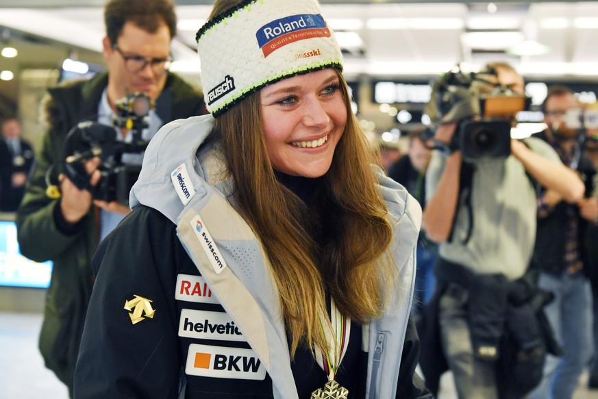 Corinne Suter of Switzerland, winner of the silver medal and bronze medal 2019 FIS Alpine Skiing World Championships in Are, Sweden at the airport Zurich in Kloten, Switzerland ,Monday, February 11, 2 ...