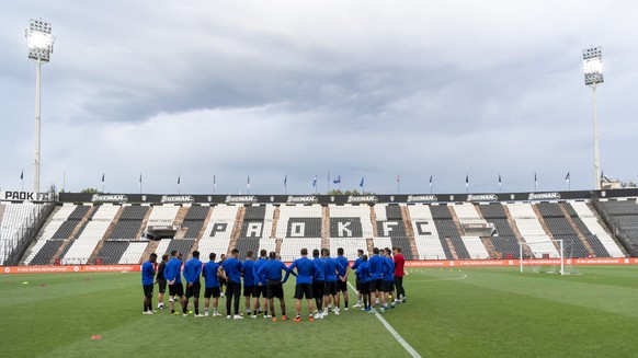 FC Basel during a training session the day before the UEFA Champions League second qualifying round first leg match between Greece&#039;s PAOK FC and Switzerland&#039;s FC Basel 1893 in the Toumba sta ...